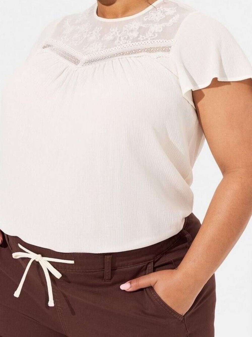 Torrid Washable Crinkle‎ Gauze Flutter Sleeve Top Cream